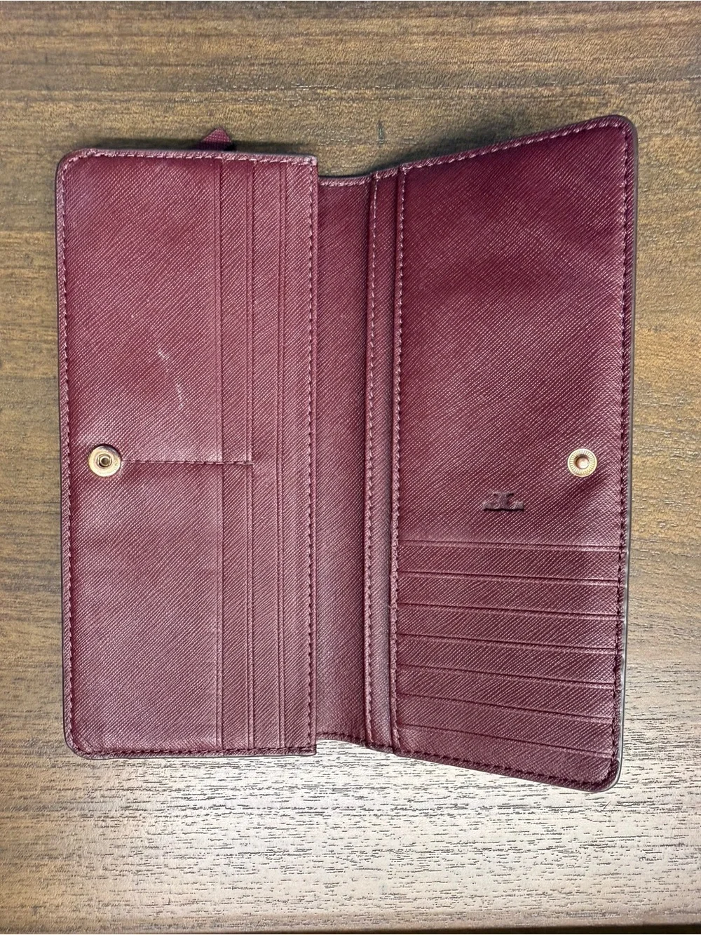 Tory Burch Burgundy Saffiano Leather Continental Wallet with Gold Logo